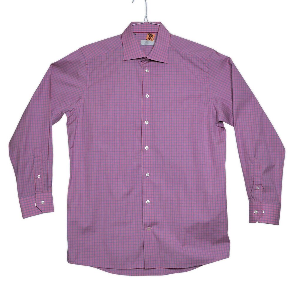 Eton Sz 41 16 Contemporary Fit Pink Blue Plaid Long Sleeve Dress Shirt Slim EUC